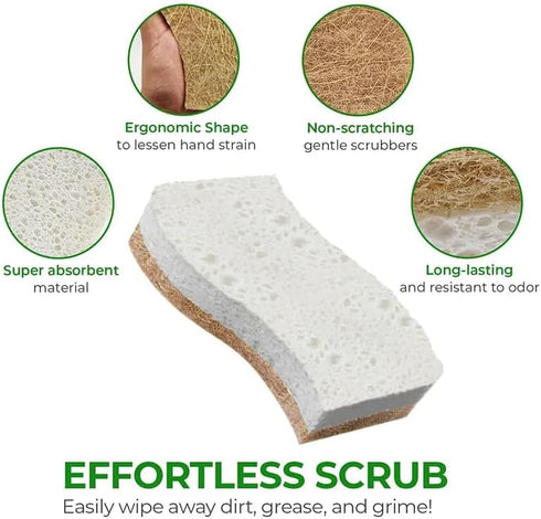 Eco Friendly Scrubbing Sponge, 6-Pack, Biodegradable, All Natural, Plant Based Kitchen and Bath, Multi-Surface Scrubber Sponge...