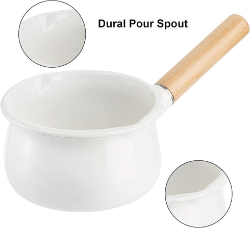 Jucoan 1 Quart Enamel Milk Pan with Dual Pour Spout, Small Enamel on Steel Saucepan Milk Pot Butter Warmer with Wooden Handle, Stove Top Soup Pot ...