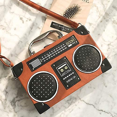 Vintage Radio Clutch Handbag Leather Top Handle Crossbody Shoulder Bag...