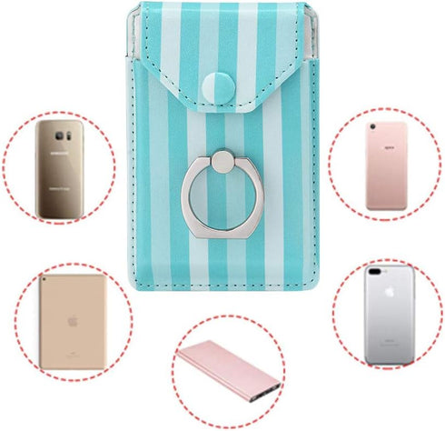 Cell Phone Card Holder RFID Ring Stand Stick on Wallet Card Holder for Back of Phone for iPhone Android and All Smartphones Green Striped...