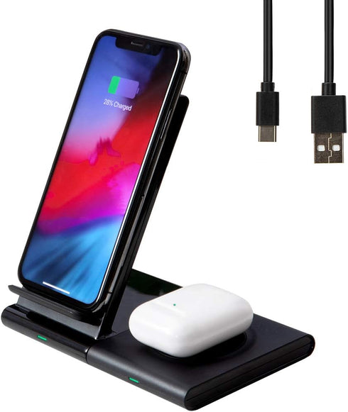 Wireless Charger, Fast Wireless Charging Stand, 2-in-1 Wireless Charging Station Dock for iPhone 14/13/12/11/Pro/Max/X/Xs/XR/AirPods2, Samsung Gal...
