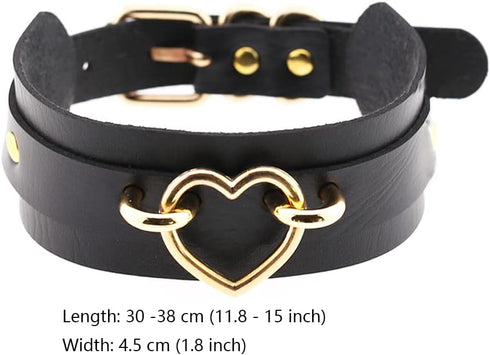Punk Leather Goth Choker Collar Adjustable Rock PU Leather Choker Necklaces Cosplay Jewelry Vintage Necklaces - Black with Gold Heart...