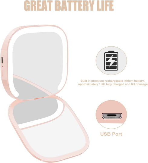 MY BEAUTY LIGHT Compact Mirror, Lighted 1X/3X Magnifying 2-Sided Travel Makeup Mirror, Portable Bright Pocket Mirror for Handbag and Purse, USB Ch...