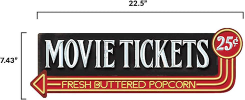 Movie Tickets 25 Cents Embossed Metal Sign - Large Vintage Movie Room Wall Art With Arrow...