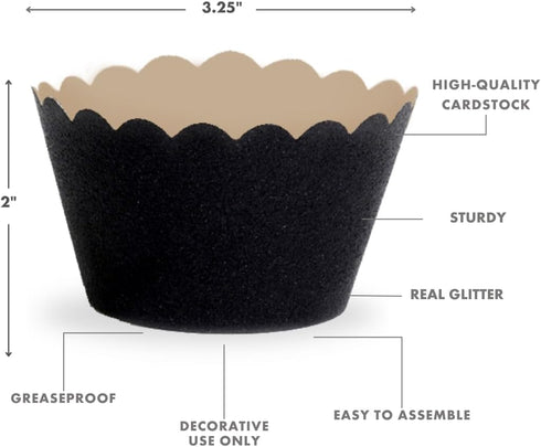 Dress My Cupcake Standard Reusable Glitter Black Cupcake Wrappers, Set of 50 Black Cupcake Liners...
