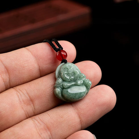 Gixaxak Laughing Buddha Pendant Necklace Green Jade Smiling Laughing Buddha Necklace Gemstone Lucky Amulet Jewelry for Women Men Natural Jade Budd...