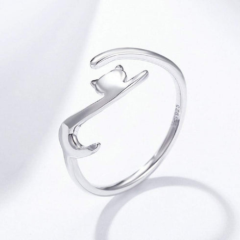Cute Cat Open Statement Ring 925 Sterling Silver Adjustable Simple Lovely Pet Wrap Stacking Engagement Wedding Finger Rings Fashion Jewelry for Wo...