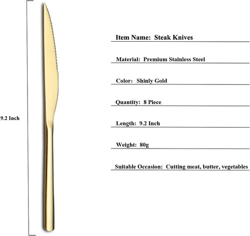 HOMQUEN Gold Steak Knives, 8 Piece Premium Stainless Steel Steak Knife Set, Meat Knife Sets, German Steak Knives Serrated, Tomato Knife, For Home,...