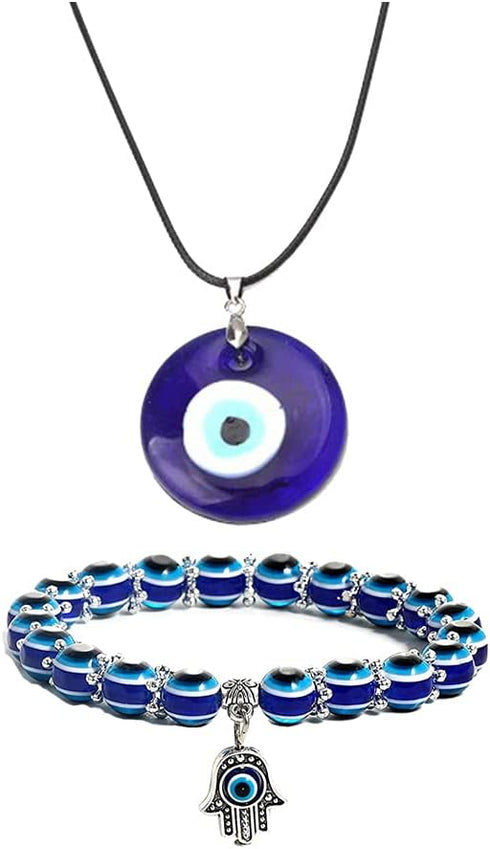 RUIZHEN 2/3/4 Pcs Blue Beads Evil Eyes Bracelet Hamsa Hand of Fatima Bracelet Glass Charm Evil Eye Leather Cord Necklace Protection Jewelry Set...