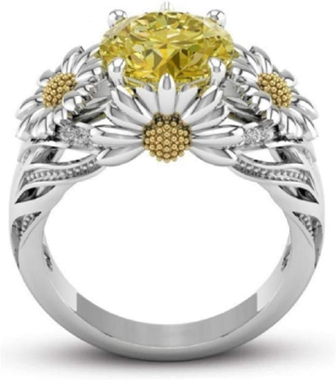 Lzz Fashion Lady 925 Sterling Silver Ring 3.5ct Citrine Daisy Ring Cubic Zirconia Sunflower Flower Wedding Ring Size 6-10 (US Code 6)...