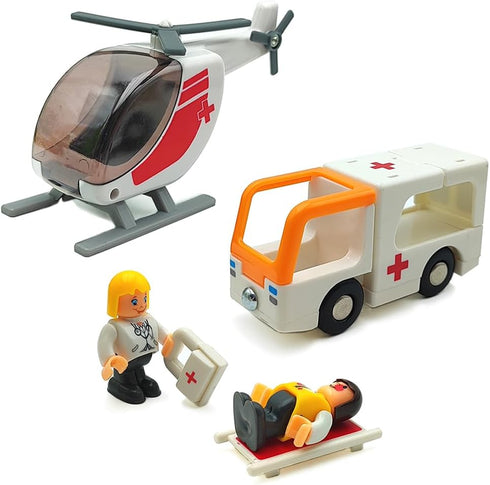 Kids Educational Wooden Train Track and Medical Rescue Vehicle Building Set, Wooden and Plastic Toys for Boys and Girls (Rescue kit)...