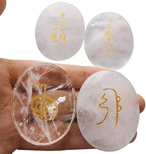 4 Pcs Rock Quartz Engraved Chakra Stones Healing Crystal Reiki Balancing Palm Stone, 45mm...