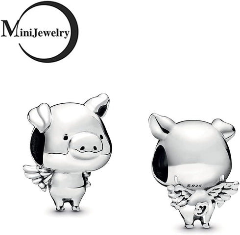 Fly Piggy Charm fits Pandora Moments Bracelets Women Sterling Silver Angel Wings Piglet Bead...