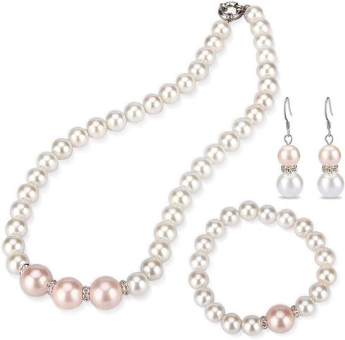 Pink White Shell Pearl Handmade Earrings Necklace Bracelet Jewelry Set for Women...