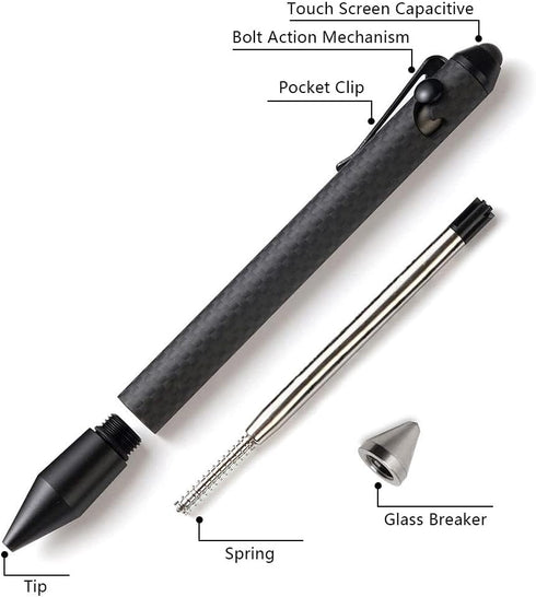 Cool Hand 5.9'' Bazooka Style Bolt Action Pen with Stylus for Touchscreen, Carbon Fiber Body, w/Pocket Clip, Ballpoint Ink Refillable, Glass Break...
