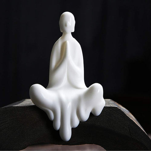 Kingzhuo White Ceramic Cute Sitting Buddha Statue Beautiful Sculpture Praying Hands Meditation Monk Figurine Peaceful Little Statue Home Decor Orn...