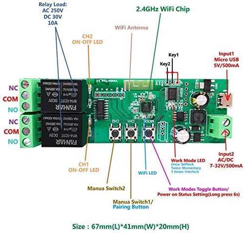 2-Channel WiFi Smart Switch Relay Module, TUYA/Smart Life App for Smart Home Remote Control, Momentary Time Adjustable, Compatible with Alexa/Goog...