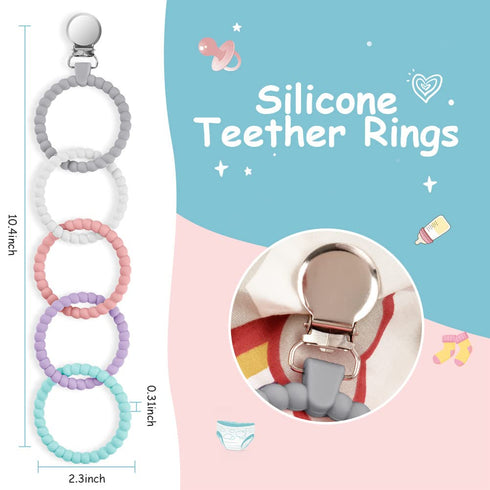 Silicone Baby Teether Links, Cutie Baby Teething Toys with Pacifier Clip, Multi Use Baby Teether Rings, Food Grade Silicone Attachable Teether Che...