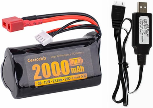 11.1V 2000mAh Li-ion Battery for R608 Brushless RC Boat 210E 200E RC Boat 2104 Brushless RC Truck with USB Charging Cable......
