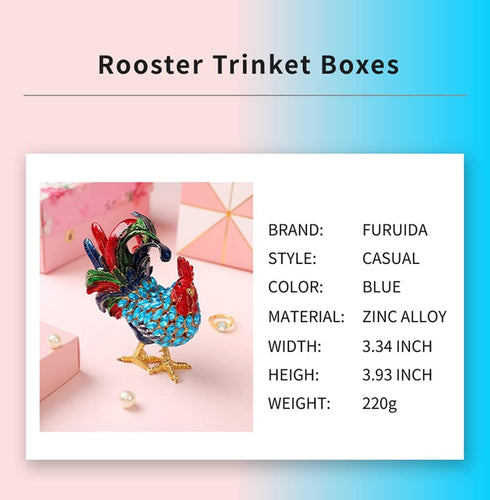 Rooster Trinket Boxes Hinged Enameled Jewelry Box Hand-Painted Animals Ornaments Craft Gift for Home Decor (Blue)...