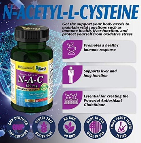 America Medic & Science NAC 600mg – NAC Supplement for Lung Health & Immune Support, Liver Support & Antioxidants – N-Acetyl-L-Cysteine – 60 Capsu...