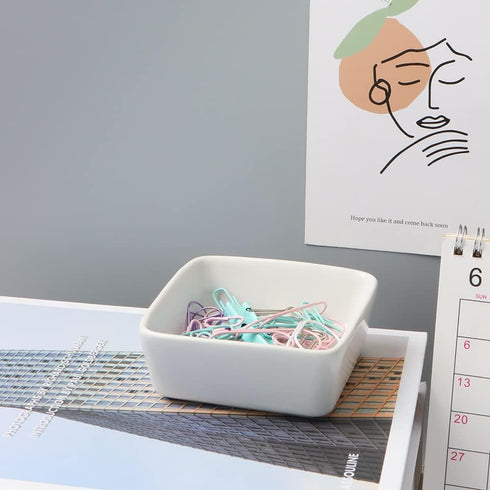 Candy Color Ceramic Paper Clip Holder for Desk Cute Paperclips Dispenser 3.5Inch Square Paper Clips Organizer Binder Clip Holder (White Paper Clip...