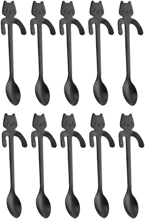 10PCS Stainless Steel Cute Mini Cat Spoon for Tea, Coffee, Dessert, Sugar, Ice Cream, etc (11.5cm/4.5inch) Black...