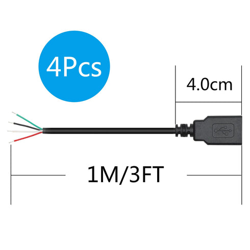 4Pcs USB A Female 4Pin Bare Wire 1M/3FT, 5V/2A USB 4 Pin Pigtail Open End Power Data Cable, Tail Tinning, for USB Equipment Installed or Replaceme...