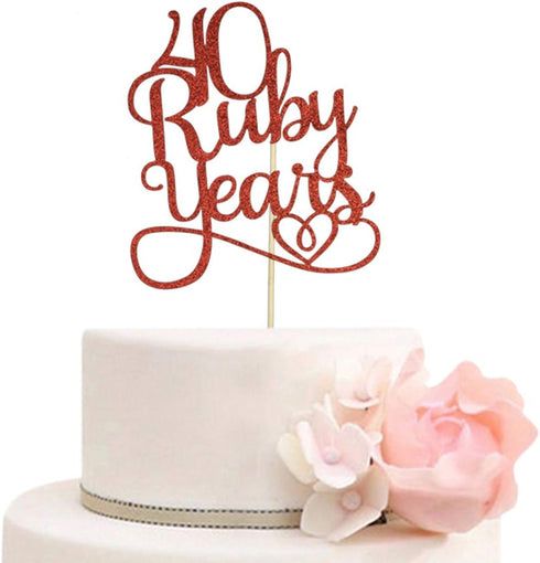40 Ruby Years Cake Topper for 40th Anniversary Wedding Party Decorations Red Glitter...