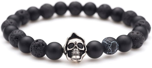 Death Skull Charm with Black Matte Onyx and Lava Stone 8mm Beads Stretch Bracelet, Lava Rock Aromatherapy Essential Oil Diffuser Bracelet for Stre...