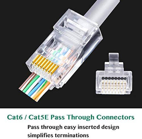RJ45 CAT6 Pass Through Connectors 100 Pack - Easy and Fast Termination - Gold Plated 3 Prong 8P8C Modular Ethernet UTP Network Cable Plug End for ...