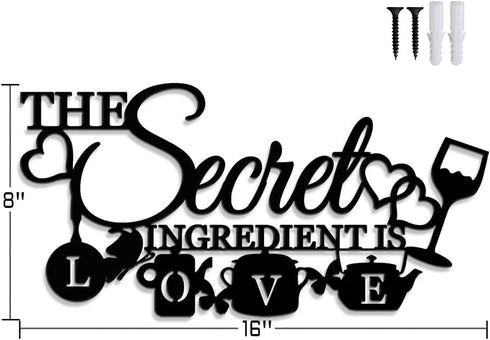 The Secret Ingredient is Love Metal Wall Art Sign, Farmhouse Dining Room Kitchen Wall Decor Housewarming Gift Counter Pantry Sign. (Black -16 x 8 ...