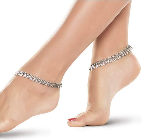 Traditional Indian Style Silver Curved Edge Payal Bell Anklet Pair Set For Women - Beach Party Dance Wedding...