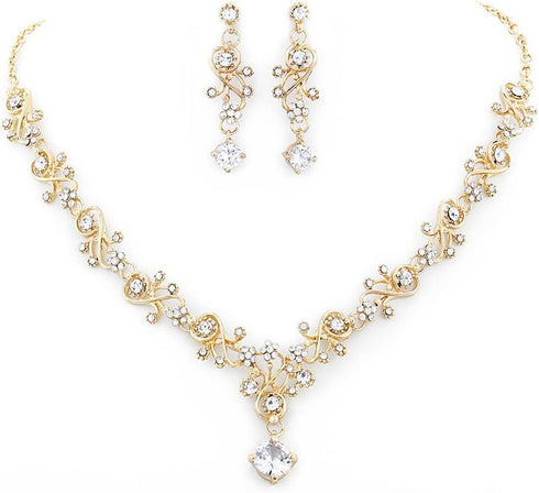Wedding Necklace Bride Rhinestone Floral Necklace Earring Set Bridal Jewelry Sets Prom Party Teardrop Dangle Necklace and Earring Drop...