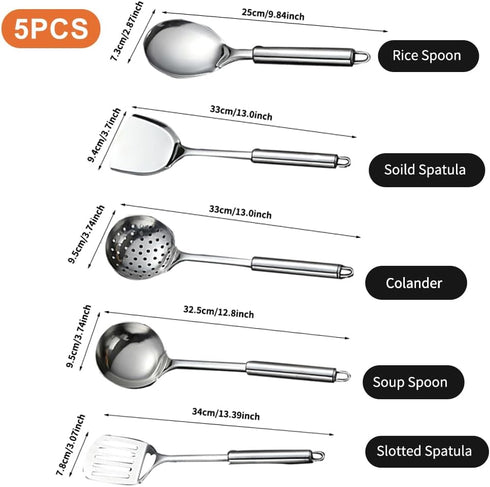 5 PCS Cooking Utensils Set Stainless Steel Kitchen Utensils Gadgets Resistant Cooking Tools Includes Slotted Spoon, Slotted Spatula, Large Spoon, ...