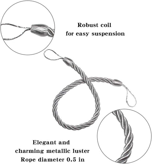 BEL AVENIR Curtain Rope Tiebacks, Drapery Rope Holdbacks with 4 Metal Screw Hooks, 2 Pair - Silver...