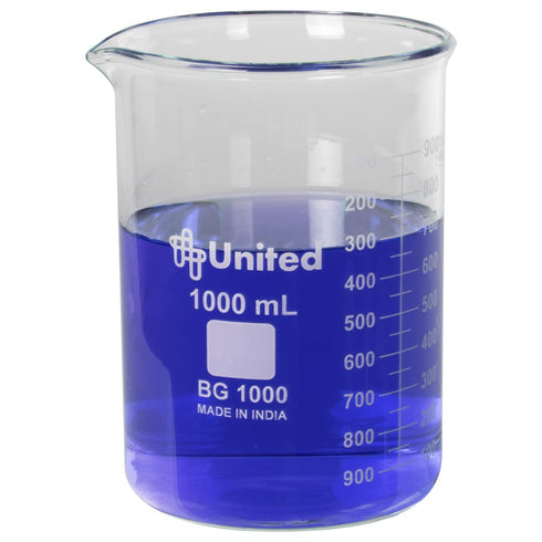 United Scientific™ 1000mL (1L) Beaker, Low Form Griffin, Boro. 3.3 Glass, Double Scale, Graduated...