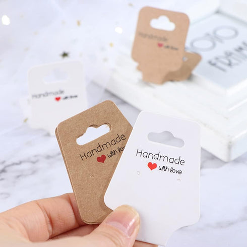 AKOAK 100 Pcs Kraft Paper Necklace Bracelet Earring Packaging Display Card Handmade with love Printing Creative Jewelry Display Card (White, 12x4....