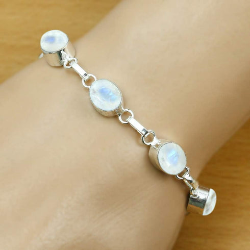 Oval Shape Natural Gemstones Statement Bracelet for Women - 925 Silver Plated Handmade Birthstone Bohemian Vintage Style Women's Jewelry Gifts for...