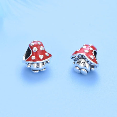 Cute Mushroom Charm 925 Sterling Silver with Red Enamel Bead Jewelry for Women European Bracelet Necklace...