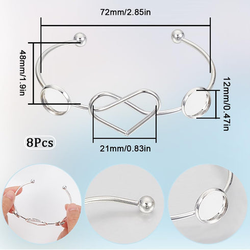 SUNNYCLUE 8Pcs Bezel Blank Bracelet Blank Cuff Bracelets Blank Cuff Bracelets Cabochon Bangle Blanks Heart Double Metal Cuffs Blank Tray Bangles B...