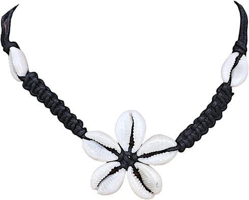 BlueRica Braided Black Cord Choker Necklace with Cowrie Shell Flower Pendant...