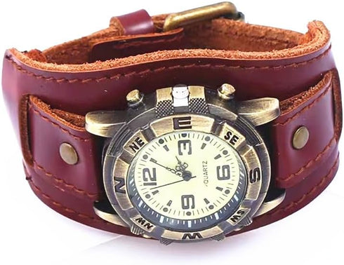 Handmade Men Watches Vintage Punk Hip-hop Gothic Soft Wide Leather Fashion Cuff Women Wristwatch Round Bronze Dial Quartz...