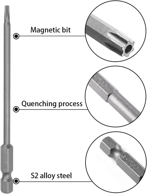 11PCS Torx Head Screwdriver Bit 1/4 inch Hex Shank S2 Steel 100mm Length Magnetic Security Screwdriver Set T6-T40 Star Screwdriver Bits Electric t...