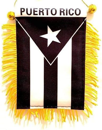 Puerto Rico Black & White Window Hanging Flag - Rear view Mirror & Double Sided - Fringed Puerto Rican Mini Banner with Suction Cup...