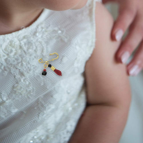 Gold Plated Red Figa Hand Simulated Azabache Evil Eye Protection Baby Pin Brooch - Traditional Figa Hand Black Simulated Azabache Amulet Protectio...