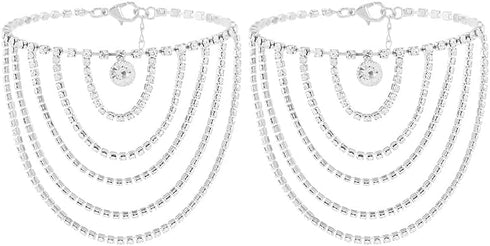 ELABEST Boho Rhinestone Ankle Bracelets 2pcs Crystal Tassel Anklet Layered Ankle Bracelets High-heeled Tennis Foot Chain Wedding Jewelry Accessori...