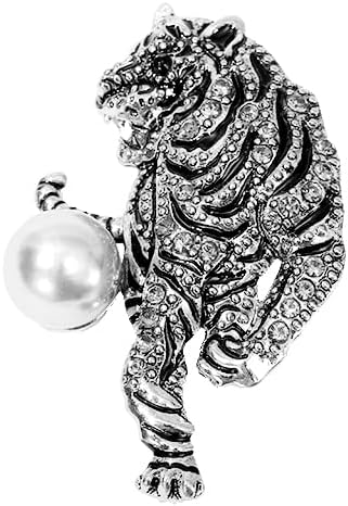Rhinestone Crystal Tiger Brooch Pin,Enamel Animal Tiger Pearl Suit Lapel Pin Lion Coat Collar Brooch Badge Jewelry for Women Men...