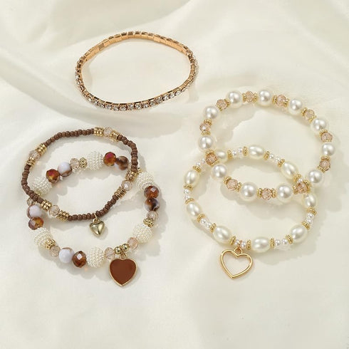 Bohemian Stackable Beaded Bracelets Set for Women Girl Multicolor Stretch Faux Pearl Heart Crystal Stretchy Bangles Multilayered Handmade Friendsh...