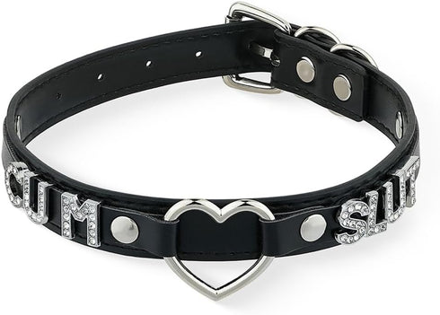 Black Heart O-ring Letter Choker Necklace For Women, Punk Handmade PU Leather Leash Collar For Girl Adjustable Gothic Jewerly...